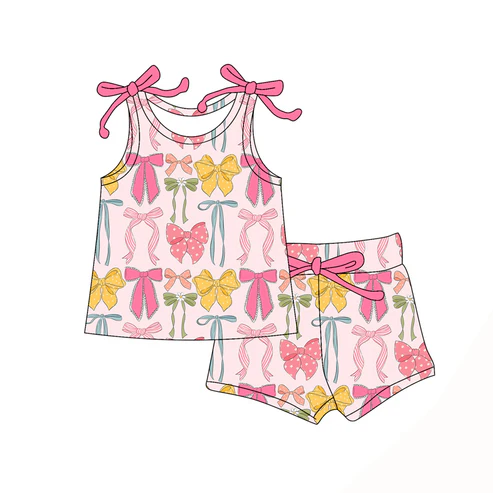 Custom Baby Girls Bows Sleeveless Colorful Bows Top Short Set D 4.18