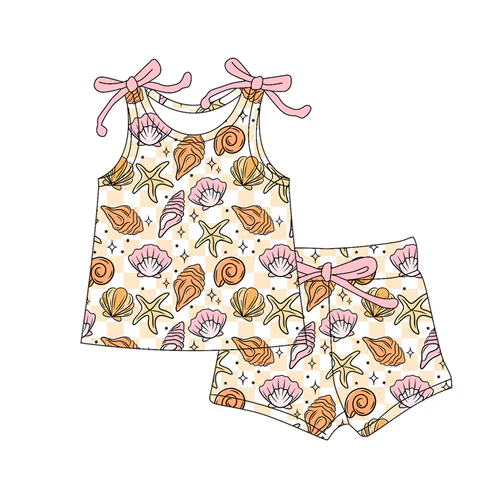 Custom Baby Girls Bows Sleeveless Sea World Shell Top Short Set D 4.18
