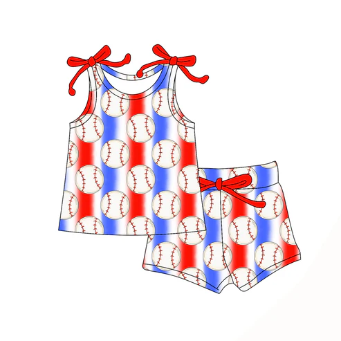 Custom Baby Girls Bows Sleeveless Baseballs Blue Red Stripe Top Short Set D 4.18