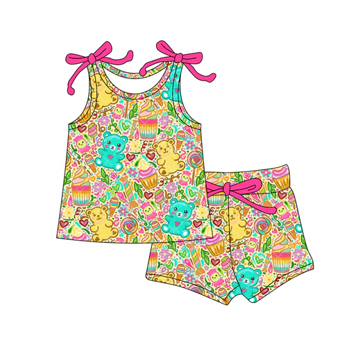 Custom Baby Girls Bows Sleeveless Floral Cakes Top Short Set D 4.18