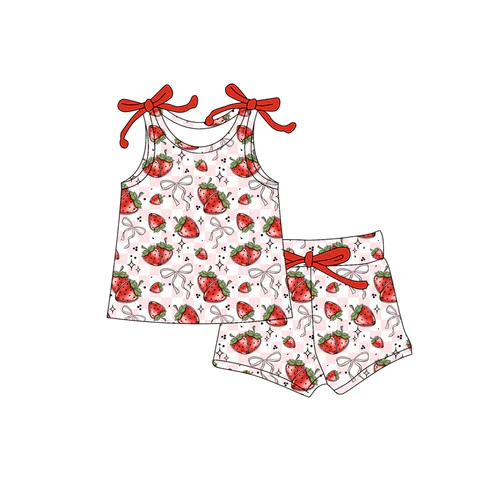 Custom Baby Girls Bows Sleeveless Strawberry Stars Top Short Set D 4.18