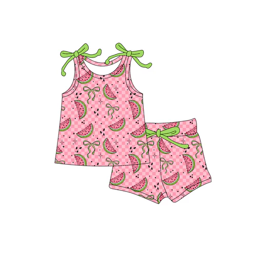 Custom Baby Girls Bows Sleeveless Watermelons Top Short Set D 4.18
