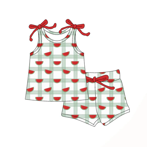 Custom Baby Girls Bows Sleeveless Watermelon Plaid Top Short Set D 4.18