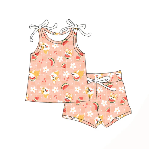 Custom Baby Girls Bows Sleeveless Dogs Watermelon Top Short Set D 4.18