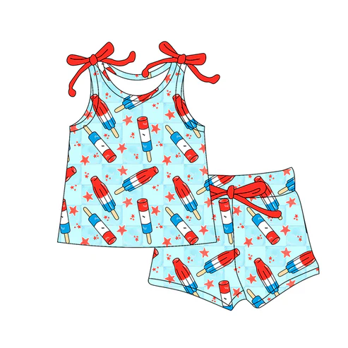 Custom Baby Girls Bows Sleeveless Stars Popsicle Top Short 4th Of July Set D 4.18