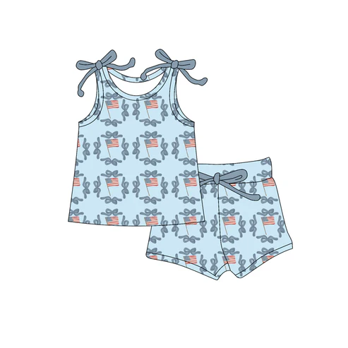 Custom Baby Girls Bows Sleeveless Flags Bows Top Short 4th Of July Set D 4.18