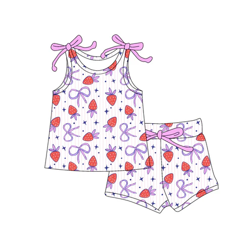 Custom Baby Girls Bows Sleeveless Strawberry Bows Top Short SetD 4.18