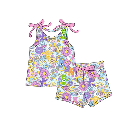 Custom Baby Girls Bows Sleeveless Flowers Smiles Top Short Set D 4.18