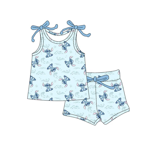 Custom Baby Girls Bows Sleeveless Cartoon Bunny Top Short Set D 4.18