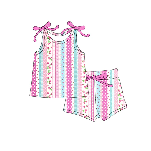 Custom Baby Girls Bows Sleeveless Pink Stripe Strawberry Top Short Set D 4.18