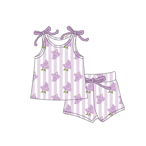 Custom Baby Girls Bows Sleeveless Lavender Stripe Grape Top Short Set D 4.18
