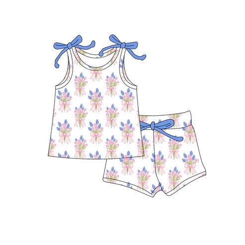 Custom Baby Girls Bows Sleeveless Pink Blue Flowers Plaid Top Short Set D 4.18