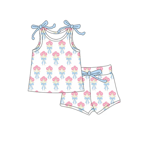Custom Baby Girls Bows Sleeveless Pink Flowers Plaid Top Short Set D 4.18