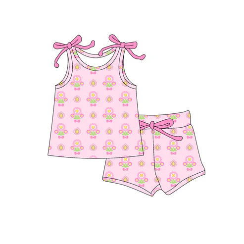 Custom Baby Girls Bows Sleeveless Flowers Plaid Top Short Set D 4.18