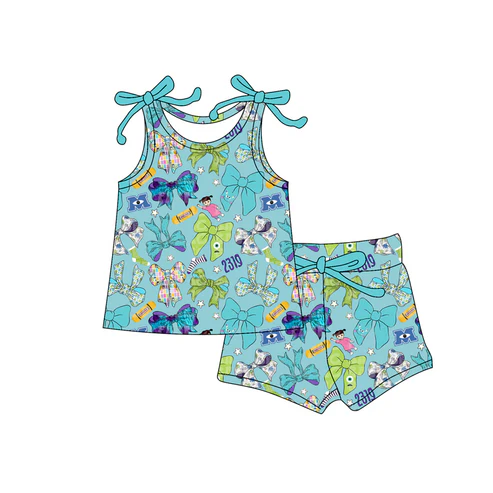 Custom Baby Girls Bows Sleeveless Colorful Bows Top Short Set D 4.18