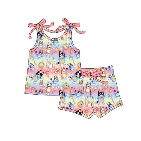 Custom Baby Girls Bows Sleeveless Cartoon Dogs Suns Top Short Set D 4.18