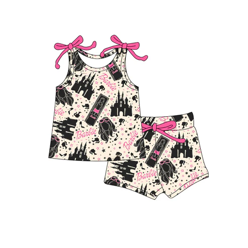 Custom Baby Girls Bows Sleeveless Cartoon Dolls Castle Top Short Set D 4.18