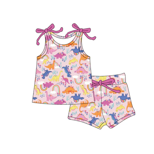 Custom Baby Girls Bows Sleeveless Dinosaurs Rainbow Top Short SetD 4.18