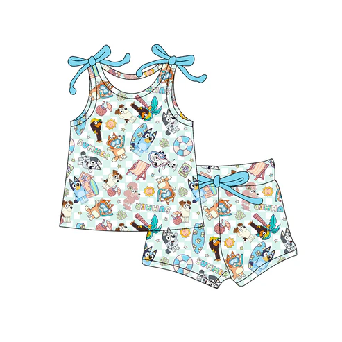 Custom Baby Girls Bows Sleeveless Cartoon Dogs Beach Top Short SetD 4.18