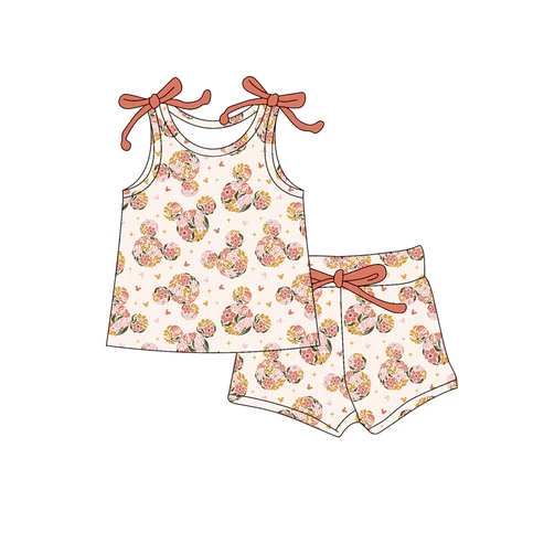 Custom Baby Girls Bows Sleeveless Cartoon Mouse Floral Top Short Set D 4.18