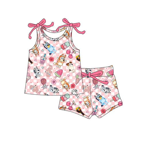 Custom Baby Girls Bows Sleeveless Cartoon Dogs Popsicle Top Short Set D 4.18