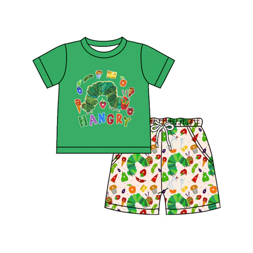 Custom Baby Boys Green Short Sleeves Caterpillar Top Pocket Short Set D 4.18