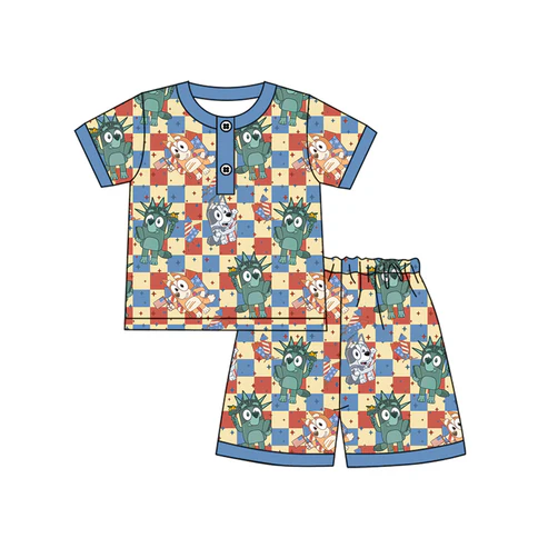 Custom Baby Boys Short Sleeves Cartoon Dogs Flags Button Top Short 4th Of July Pajamas Set D 4.18