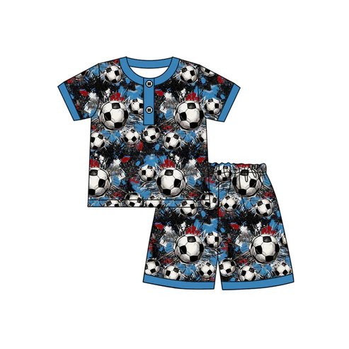 Custom Baby Boys Blue Short Sleeves Footballs Button Top Short Pajamas Set D 4.18
