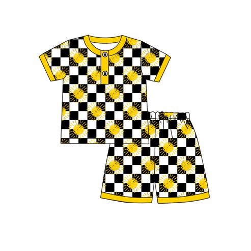Custom Baby Boys Short Sleeves Black Plaid Suns Button Top Short Pajamas Set D 4.18