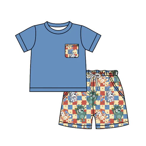 Custom Baby Boys Brown Short Sleeves Pawl Plaid Button Top Short Pajamas Set D 4.18