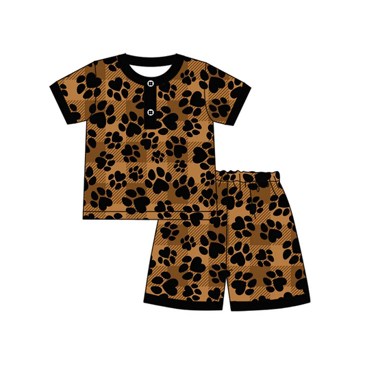 Custom Baby Boys Brown Short Sleeves Pawl Plaid Button Top Short Pajamas Set D 4.18