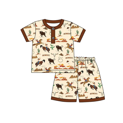 Custom Baby Boys Brown Short Sleeves Horse Rodeos Button Top Short Pajamas Set D 4.18