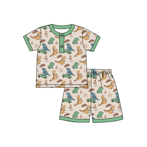 Custom Baby Boys Short Sleeves Dinosaurs Cars Button Top Short Pajamas Set D 4.18