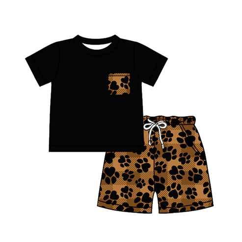 Custom Baby Boys Black Short Sleeves Pocket Top Pawl Plaid Short Set D 4.18