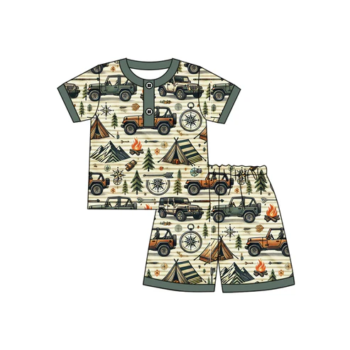 Custom Baby Boys Green Short Sleeves Camping Tent Button Top Short Pajamas Set D 4.18