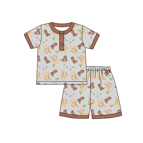Custom Baby Boys Brown Short Sleeves Boots Hats Button Top Short Pajamas Set D 4.18
