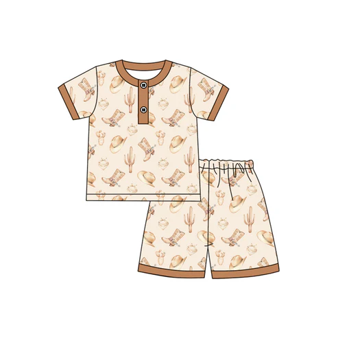 Custom Baby Boys Khaki Short Sleeves Boots Cactus Button Top Short Pajamas Set D 4.18