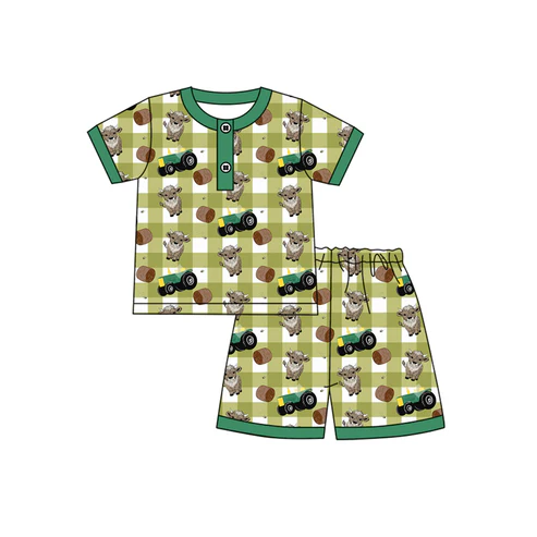 Custom Baby Boys Green Plaid Short Sleeves Cows Trucks Button Top Short Pajamas Set D 4.18