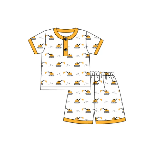 Custom Baby Boys Yellow Short Sleeves Excavators Button Top Short Pajamas Set D 4.18