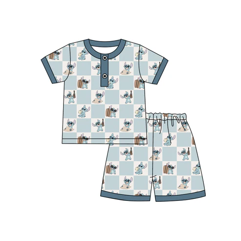 Custom Baby Boys Blue Short Sleeves Cartoon Bunny Button Top Short Pajamas Set D 821