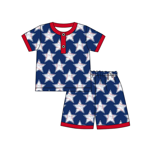 Custom Baby Boys Blue Short Sleeves Baseballs Stars Button Top Short Pajamas Set D 4.18