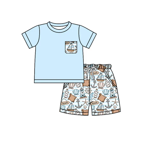 Custom Baby Boys Blue Short Sleeves Pocket Top Boats Shell Short Set D 4.18
