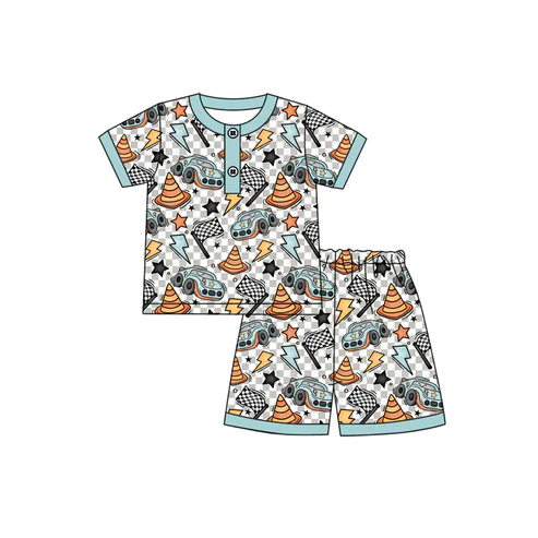Custom Baby Boys Blue Short Sleeves Cars Flags Button Top Short Pajamas Set D 4.18