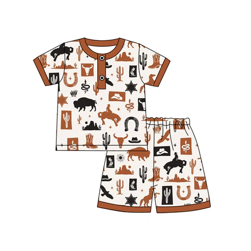 Custom Baby Boys Khaki Short Sleeves Horse Rodeos Button Top Short Pajamas Set D 4.18