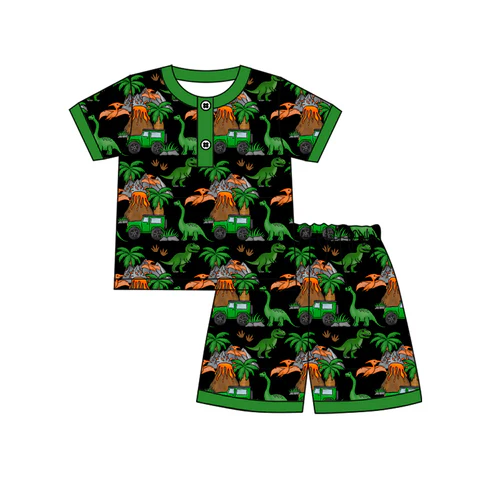 Custom Baby Boys Short Sleeves Green Dinosaurs Button Top Short Pajamas Set D 4.18