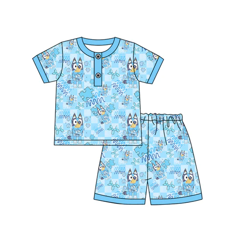 Custom Baby Boys Blue Short Sleeves Cartoon Dogs Button Top Short Pajamas Set D 4.18