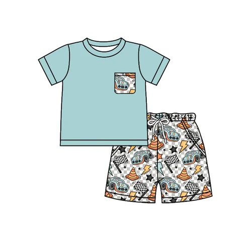 Custom Baby Boys Aqua Short Sleeves Pocket Top Cars Flags Short Set D 4.18