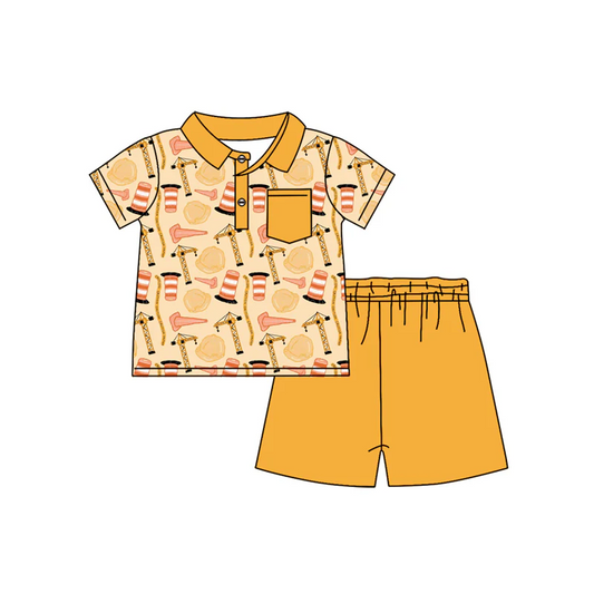 Custom Baby Boys Yellow Short Sleeves Button Pocket Line Tower Top Short Set D 4.18