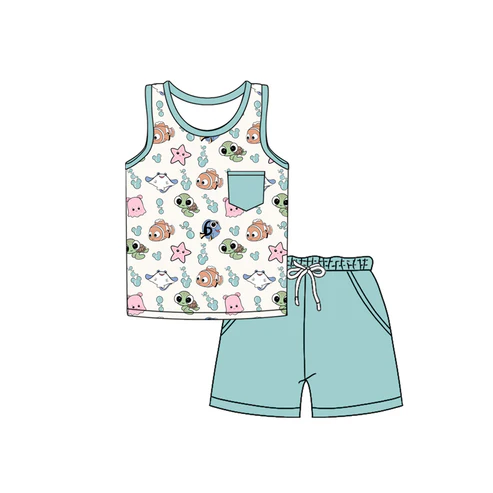 Custom Baby Boys Mint Sleeveless Pocket Cartoon Fishes Top Short Set D 4.18