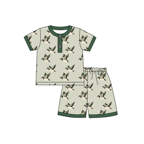 Custom Baby Boys Green Short Sleeves Ducks Button Top Short Pajamas Set D 4.18